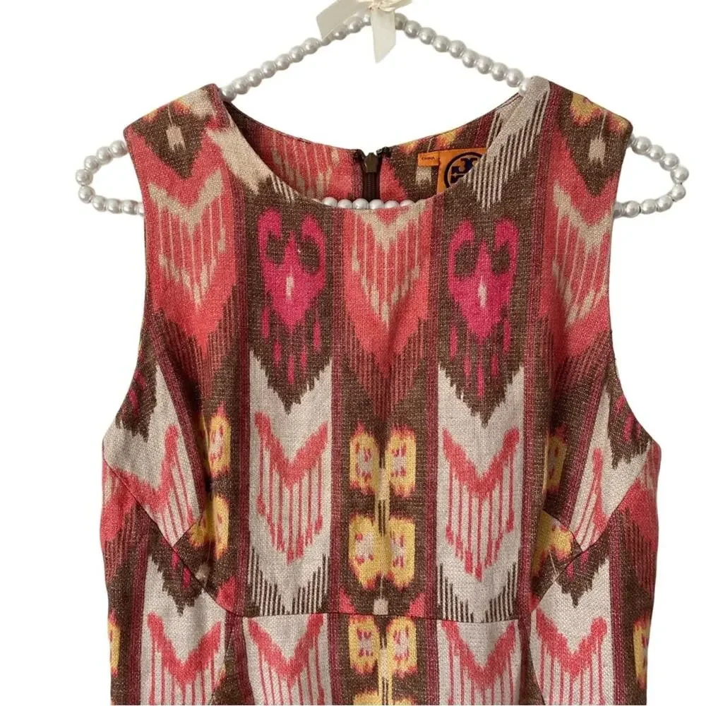 Tory Burch Ikat Linen Sleeveless Pink Brown Dress Silver Metallic Thread size 6